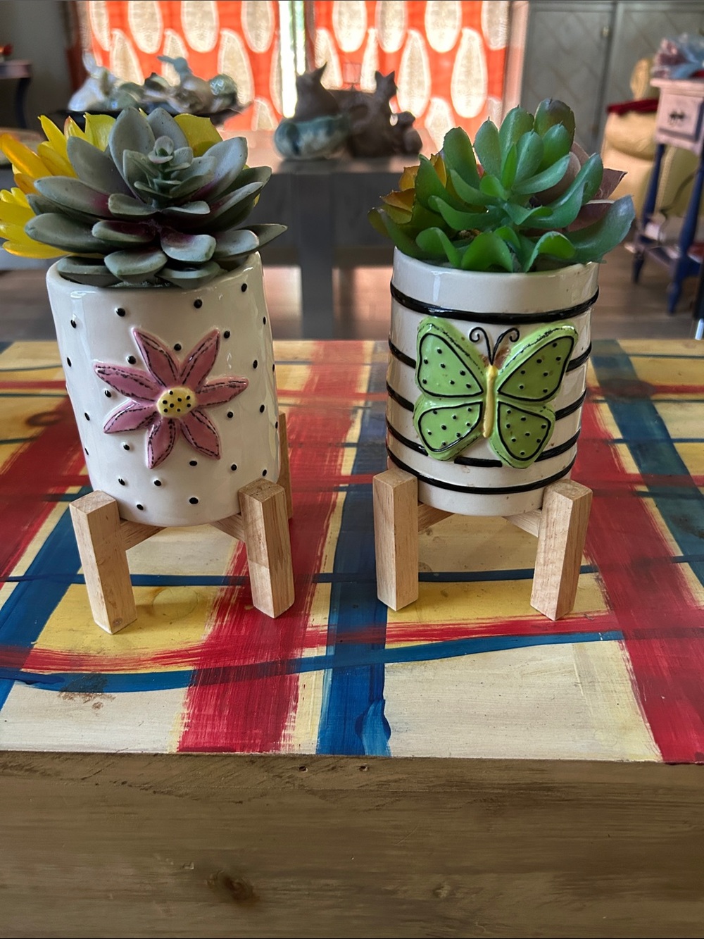 Demdaco Ceramic Planter Pair with Pink Flower and Green Butterfly Accents